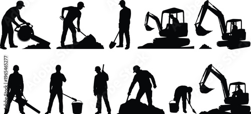 Construction worker and excavator silhouettes set with digging cutting tools labor black figures vector illustration collection isolated industry activity