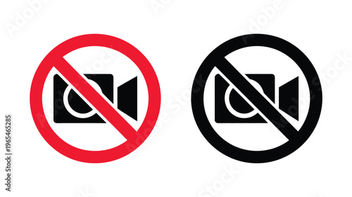 Prohibition, icon set with no photography and no video recording symbols, representing privacy restriction and usage ban, clean modern flat vector design