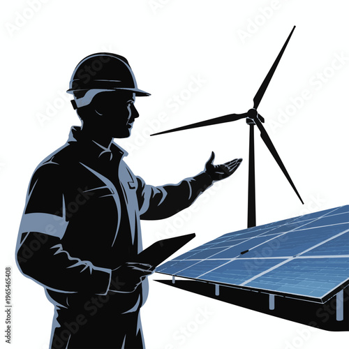 Male Engineer in Hard Hat Holding Tablet and Presenting Solar Panels and Wind Turbine, Renewable Energy Concept Vector Illustration