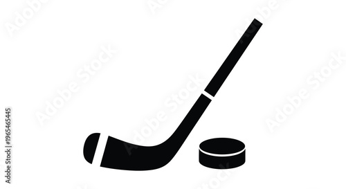 A stark black silhouette depicts a hockey stick and puck resting on a white background silhouette high quality