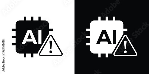AI processor icon featuring a warning triangle. Symbolizes artificial intelligence ethics, AI errors, system security alerts, and potential risks in machine learning algorithms.