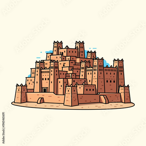An illustration showcases a stylized, brown-toned desert settlement composed of various tiered structures. Includes light blue accents, a simple style