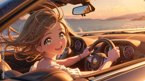Anime girl with flowing hair driving a convertible car along a coastal road at sunset, digital illustration of a happy character enjoying a summer road trip with ocean views