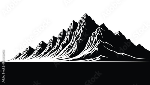 Detailed silhouette of a rugged mountain range with multiple jagged peaks creates a dramatic landscape against a white background.