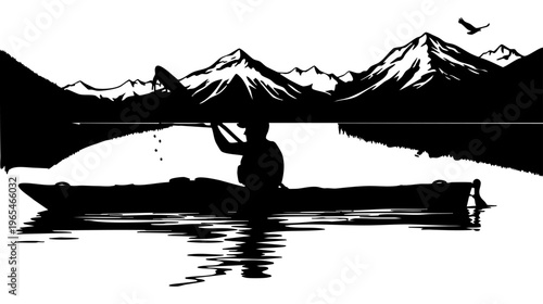 Man in a canoe on a serene lake with mountains isolated on transparent background, Vector
