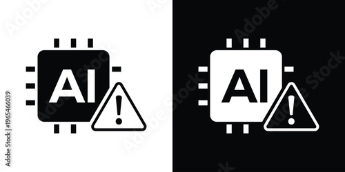 AI processor icon featuring a warning triangle. Symbolizes artificial intelligence ethics, AI errors, system security alerts, and potential risks in machine learning algorithms.