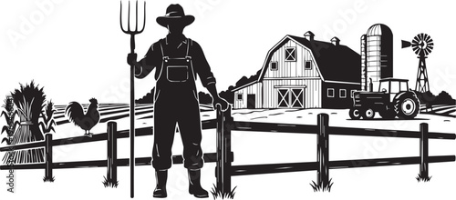A farmer stands in front of a farm isolated on transparent background, Vector