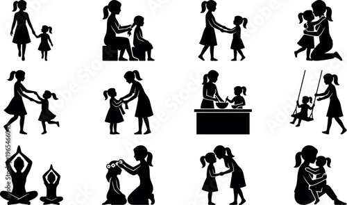 Mother and Daughter Daily Life Activity Silhouette Icon Set Showing Nurturing Bonding and Shared Moments for Parenting Content