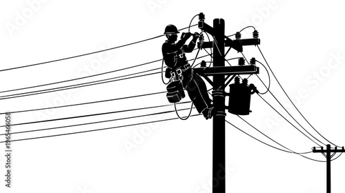 Electrician working on power lines and transformer isolated on transparent background, Vector