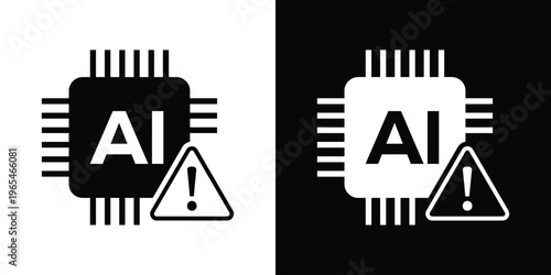 AI processor icon featuring a warning triangle. Symbolizes artificial intelligence ethics, AI errors, system security alerts, and potential risks in machine learning algorithms.