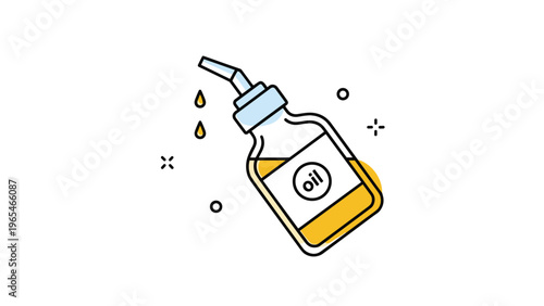 Small bottle of oil tilted to dispense drops illustrates the concept of lubrication or essential oil application in a simple style.