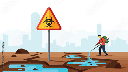Man in protective gear cleaning up hazardous blue liquid near a biohazard warning sign on cracked earth in an urban setting.