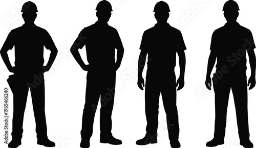 Construction worker silhouettes standing poses with helmet builder men vector illustration isolated professional labor characters set collection front view