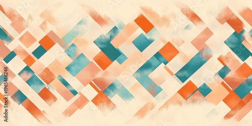 Geometric abstract background with colorful overlapping squares in orange and blue tones. Contemporary pattern with painterly texture for design uses.