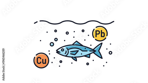 Small fish swimming in water surrounded by chemical symbols for copper and lead represents heavy metal contamination in the ocean.