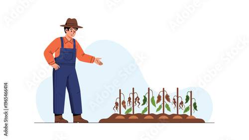 Worried farmer in overalls and a hat standing next to a row of wilted and dead crops represents agricultural loss and climate impact.