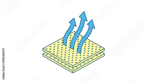 Three blue arrows rising from a perforated light yellow surface represents air flow, breathability, or ventilation of a material.