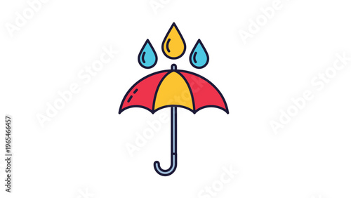 Colorful umbrella protecting against large falling drops of different colors represents rain protection or weather safety measures.