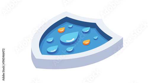 Isometric blue shield containing stylized water and oil drops represents effective protection against liquid stains or moisture.