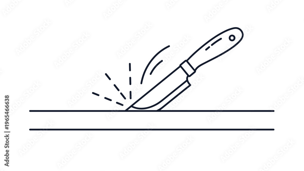 Obraz premium Outline illustration of a sharp knife blade cutting into a horizontal surface represents slicing, precision, or material testing.