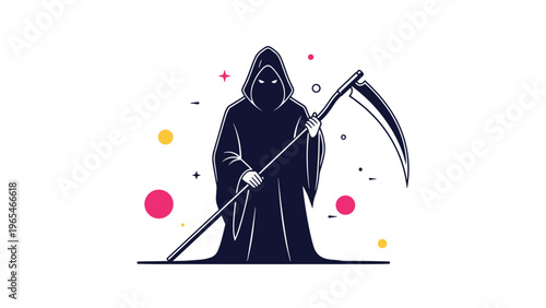 Silhouette of a grim reaper holding a large scythe surrounded by colorful circles represents death, halloween, or mythology.