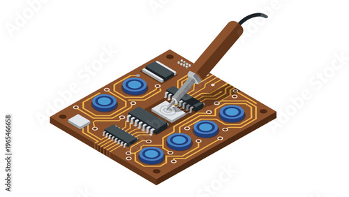 Isometric view of a soldering iron being used to assemble or repair a microchip on an electronic circuit board with components.