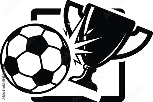 2026 soccer ball colliding with championship trophy bold minimal vector illustration football victory concept dynamic sport branding design graphic