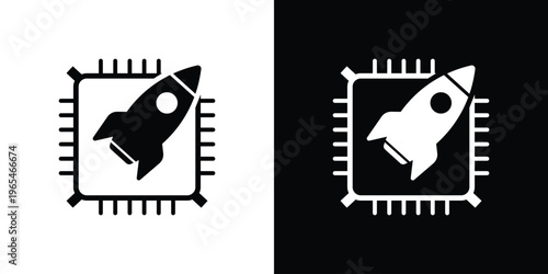CPU chip icon with a rocket symbol, representing high-speed processing, performance boost, and fast computing. Concept of overclocking, system optimization, and advanced microprocessor tech.