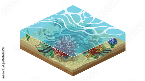 Isometric underwater scene featuring colorful coral reefs and clear blue water over a sandy ocean floor represents marine life.