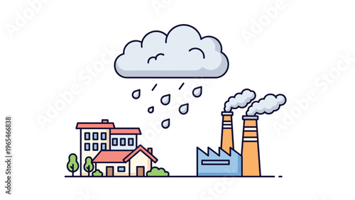 Illustration of a city and a factory under a raining cloud with falling drops represents environmental pollution and acid rain.
