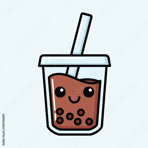 Adorable, cartoon-style illustration of a beverage, featuring a drink inside a clear cup with a smiling face and straw, set on a light blue background