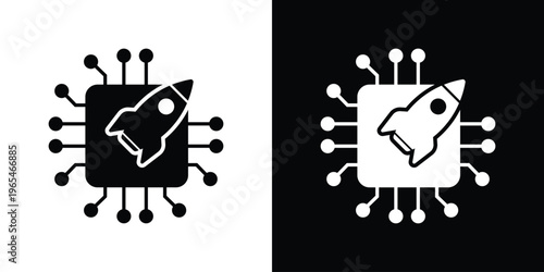 CPU chip icon with a rocket symbol, representing high-speed processing, performance boost, and fast computing. Concept of overclocking, system optimization, and advanced microprocessor tech.