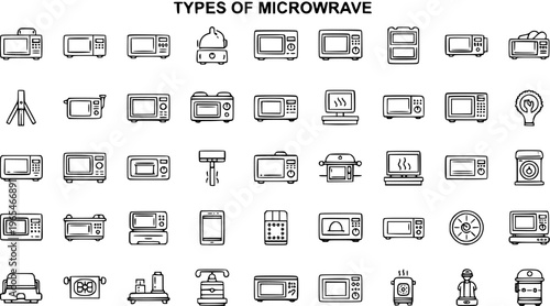 Microwave Oven Types Line Icons Collection. Various Kitchen Appliances, Electronic Cooking Devices, and Smart Technology Symbols Set for Food Preparation.