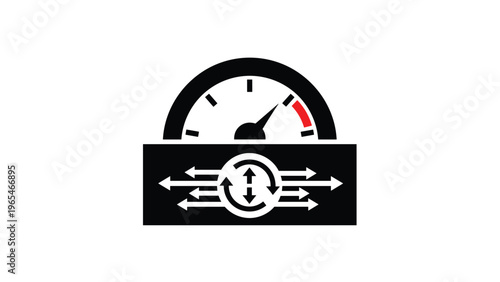 Performance measurement gauge with directional arrows representing speed optimization and data transfer efficiency in modern technology systems.