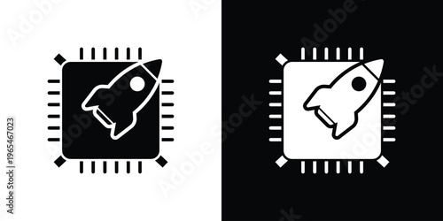 CPU chip icon with a rocket symbol, representing high-speed processing, performance boost, and fast computing. Concept of overclocking, system optimization, and advanced microprocessor tech.