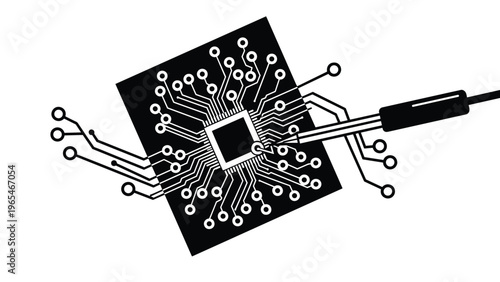Electronics repair and testing illustration showing a probe touching a microchip on a printed circuit board for hardware maintenance.