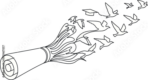 Graduation diploma transforming into a flock of birds, symbolizing academic achievement, new beginnings, freedom, and future career opportunities after finishing education.