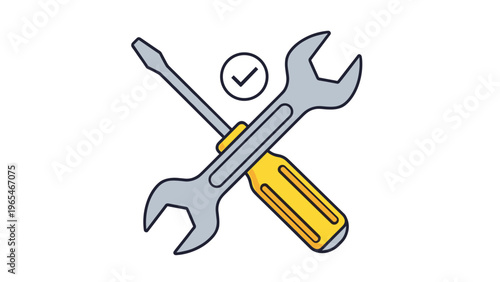 Professional repair tools icon featuring a crossed wrench and screwdriver with a checkmark for maintenance and successful fix services.
