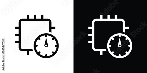 Outline vector icon of a microprocessor with a speedometer. Represents system monitoring, CPU clock speed, and performance tracking. Clean line art for technical diagrams and dashboard UI.