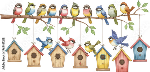 Colorful birds perched on a branch with hanging birdhouses