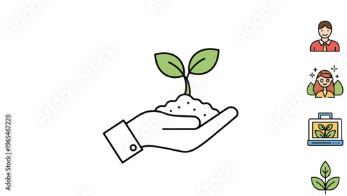 Environmental conservation concept illustration featuring a hand holding a plant sprout with icons for teamwork and sustainable technology.