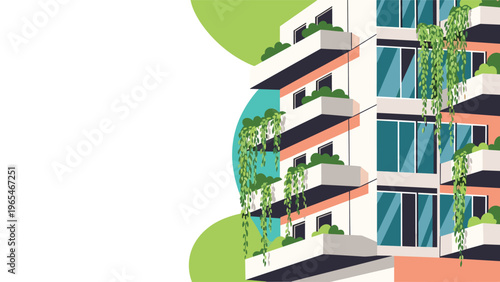 Sustainable urban architecture featuring a modern apartment building with lush green plants on balconies for eco-friendly city living.
