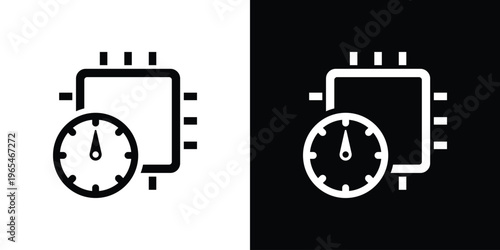 Outline vector icon of a microprocessor with a speedometer. Represents system monitoring, CPU clock speed, and performance tracking. Clean line art for technical diagrams and dashboard UI.
