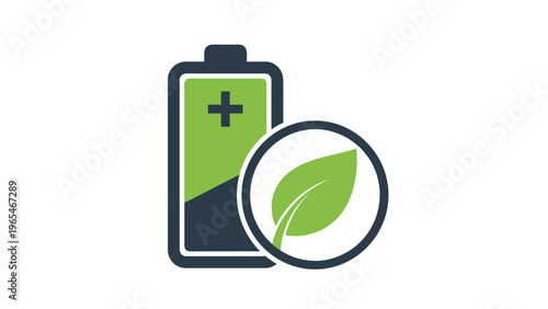Green energy battery icon with a leaf symbol representing sustainable power solutions and eco-friendly technology for a cleaner planet.