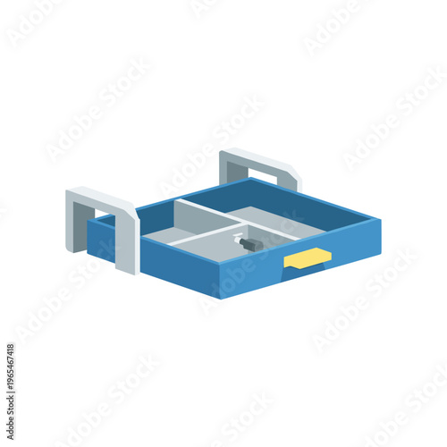 Blue desk organizer with compartments and yellow handle, flat design vector illustration