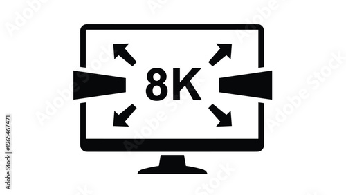 Ultra high definition 8K television icon with expanding arrows representing screen resolution and advanced digital display technology.