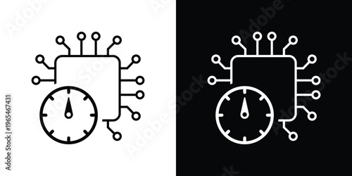 Outline vector icon of a microprocessor with a speedometer. Represents system monitoring, CPU clock speed, and performance tracking. Clean line art for technical diagrams and dashboard UI.