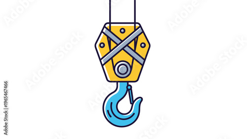 Industrial crane hook illustration with heavy duty cables for construction sites and lifting operations in maritime and logistics sectors.