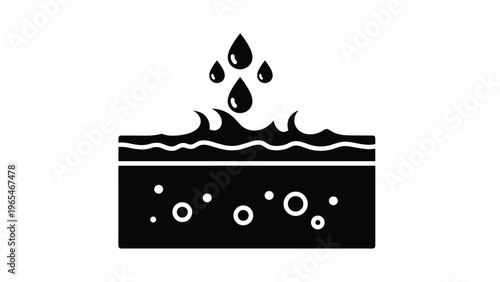 Liquid absorption process icon showing droplets falling on a porous surface with air bubbles for industrial filter and soil studies.