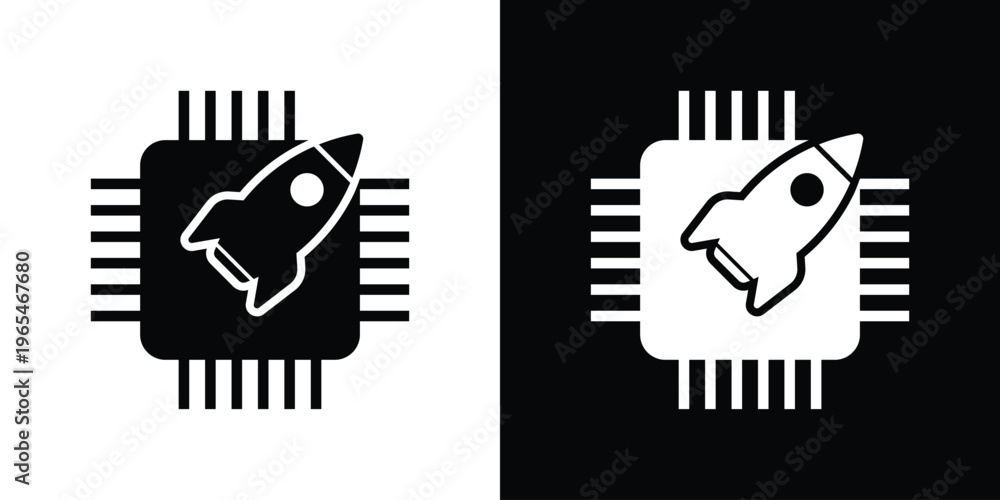 Obraz premium CPU chip icon with a rocket symbol, representing high-speed processing, performance boost, and fast computing. Concept of overclocking, system optimization, and advanced microprocessor tech.